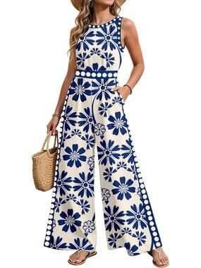 Chic Floral Wide Leg Jumpsuit - Casual Sleeveless One-Piece Outfit with Pockets